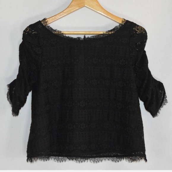 JOIE lace blouse top ruched sleeves to elbow black Size M - Picture 1 of 8